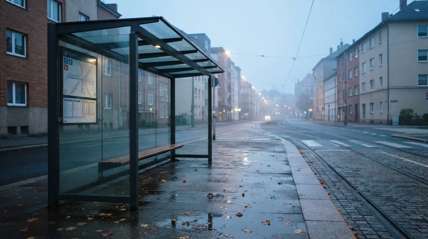 Pusta wiata przystanku tramwajowego na miejskiej ulicy o świcie, pusta ławka i mokry chodnik.