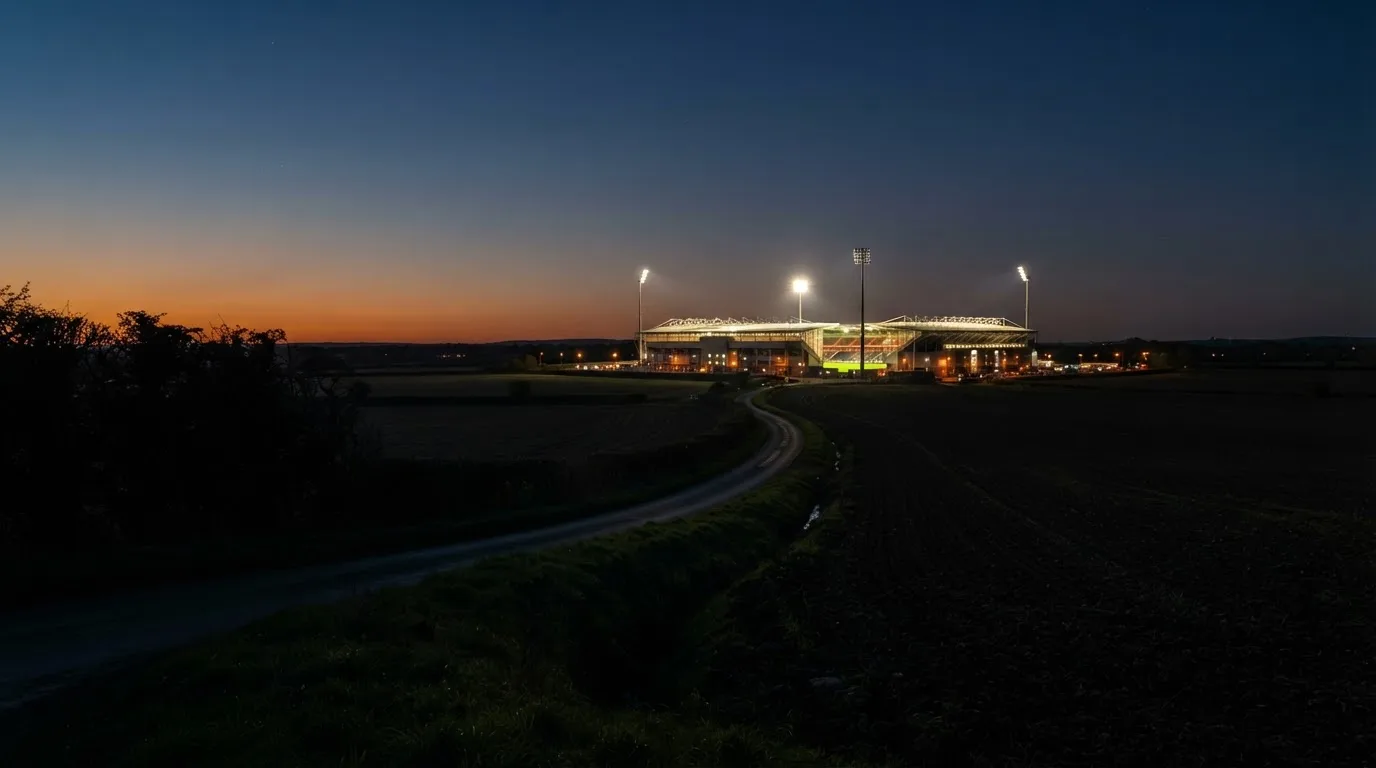 Stadion rozświetlony reflektorami widziany z daleka znad ciemnych pól w pogodny wieczór.