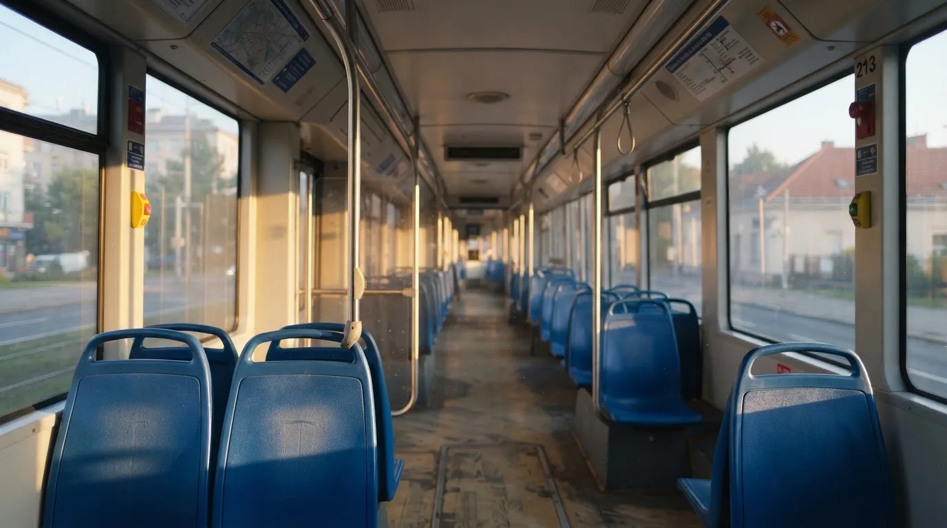 Wnętrze pustego tramwaju z rzędami siedzeń i poręczą w porannym świetle.