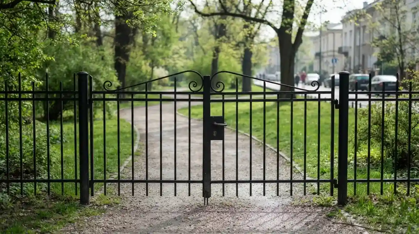 Czarny żelazny płot z zamkniętą furtką na alejce w zielonym parku.