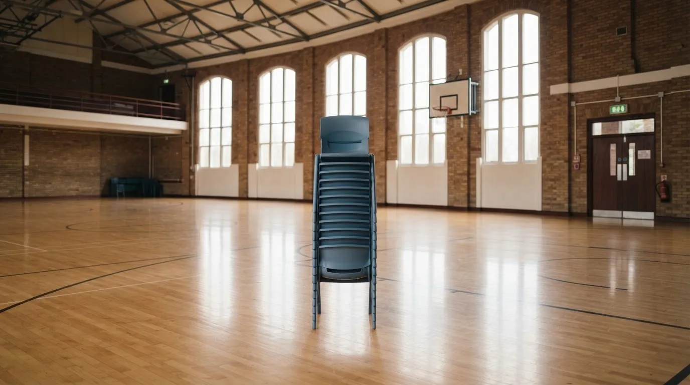 Starannie ułożony stos plastikowych krzeseł w pustej hali sportowej z wysokimi oknami.
