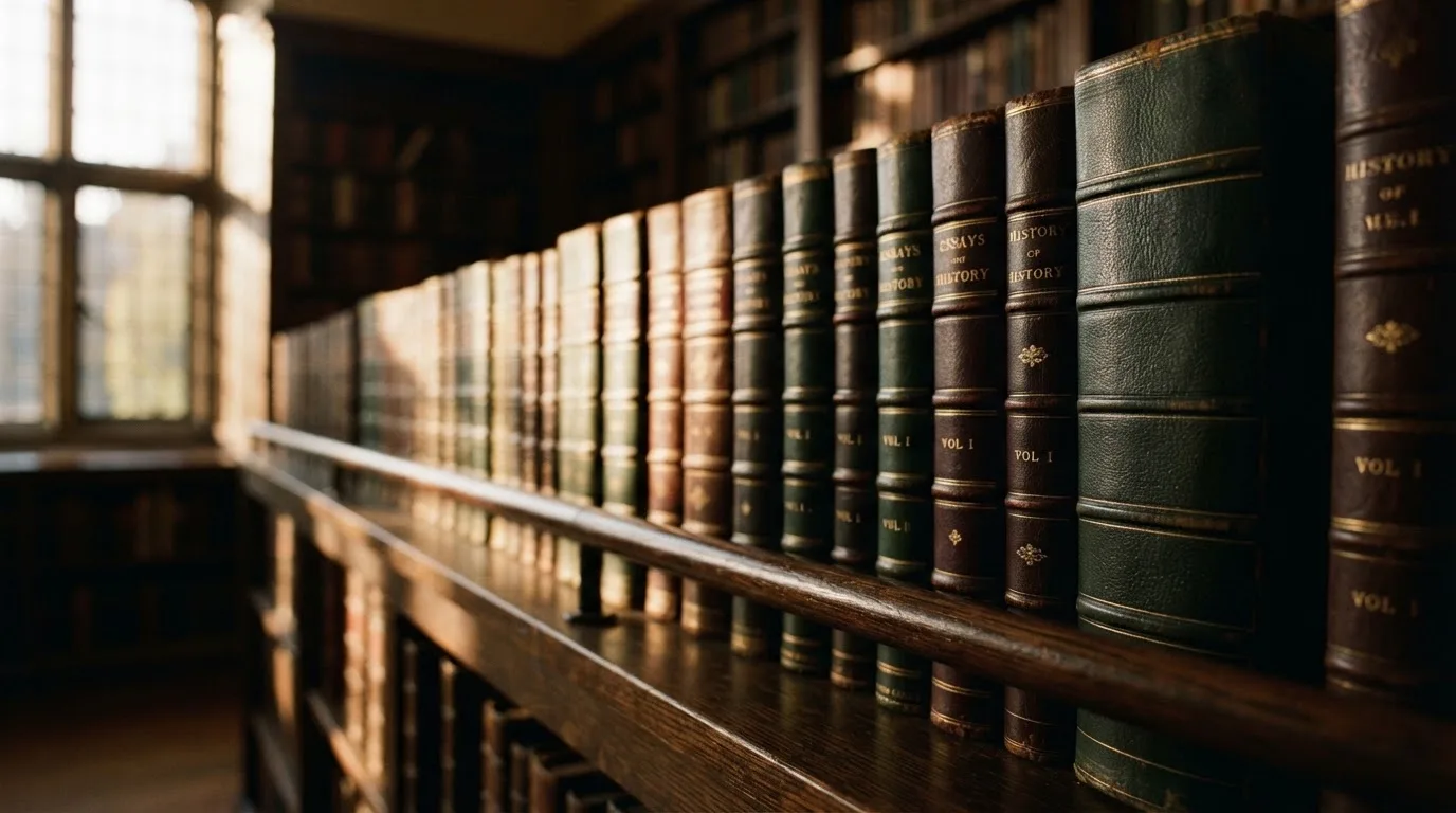 Regał z zamkniętymi książkami w skórzanych oprawach w cichej bibliotece, światło pada z boku.