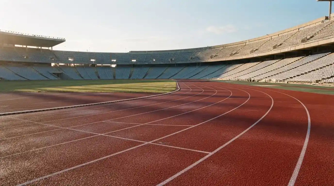 Bieżnia lekkoatletyczna wygięta w łuk pustego stadionu w porannym słońcu.