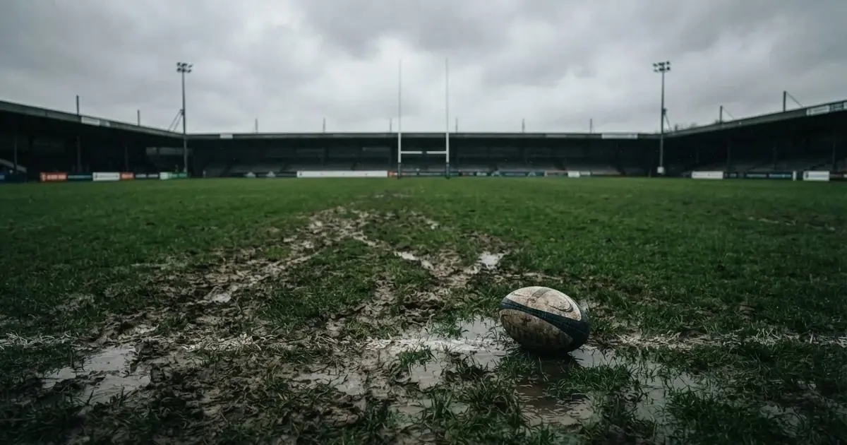 Boisko do rugby ze słupami bramki w oddali pod pochmurnym niebem, mokra trawa i ślady butów.