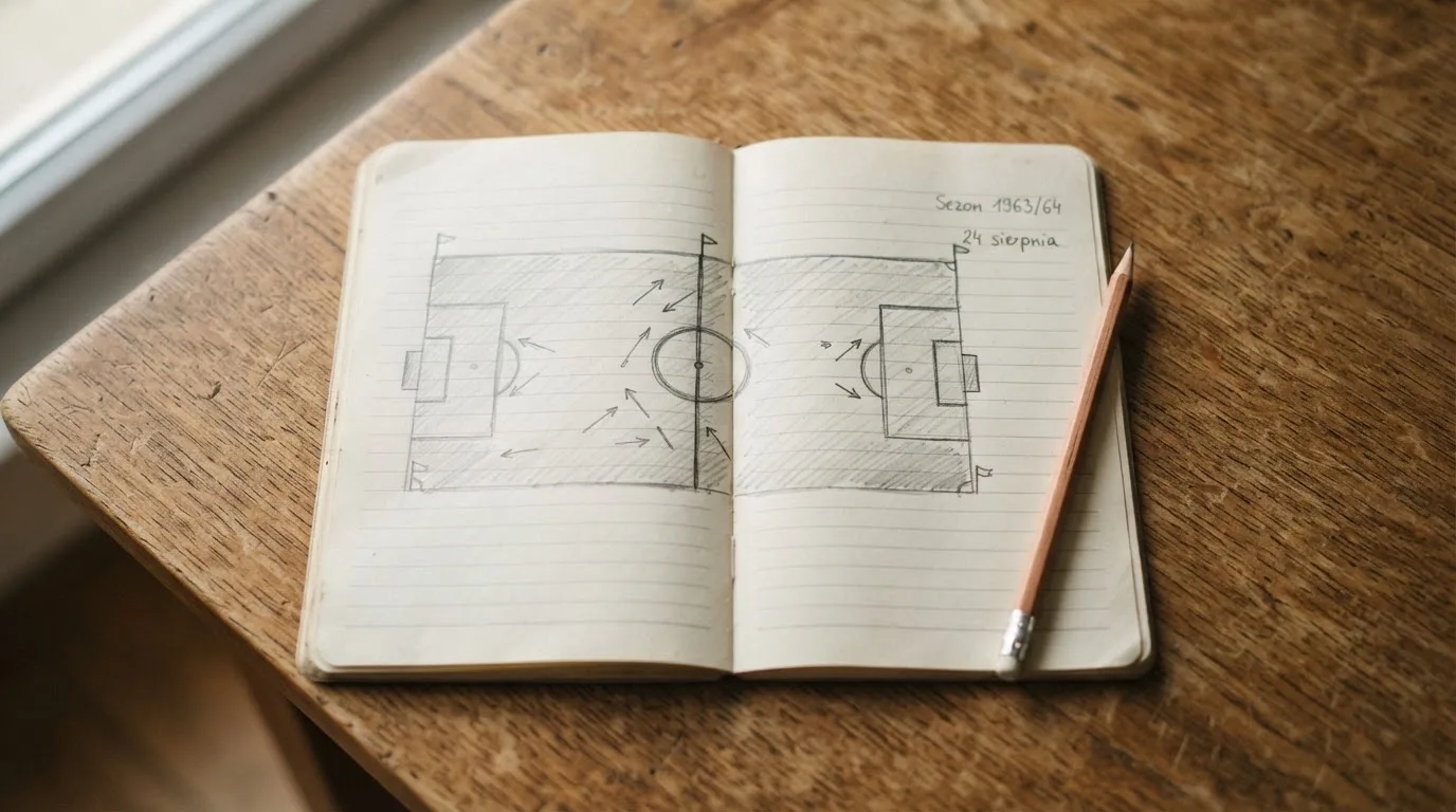 Notes z odręcznym szkicem boiska i strzałkami leżący obok ołówka na drewnianym stole.