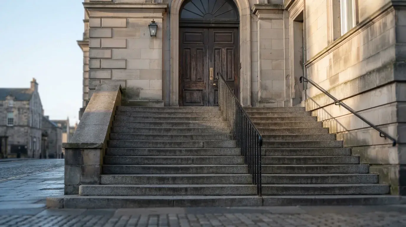 Granitowe schody prowadzące do wysokich drewnianych drzwi budynku w porannym świetle, pusta balustrada.