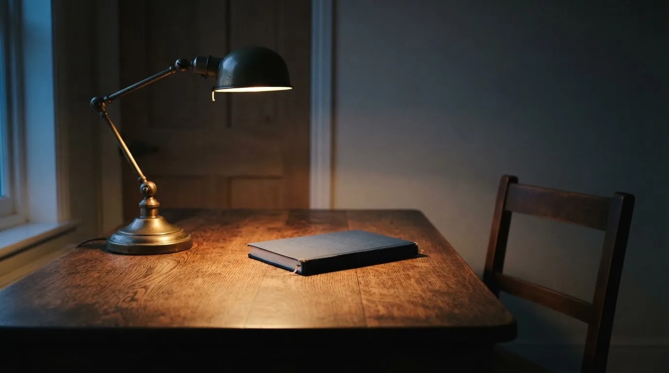 Lampa biurkowa świecąca na pustym drewnianym biurku w cichym gabinecie wieczorem, obok puste krzesło.
