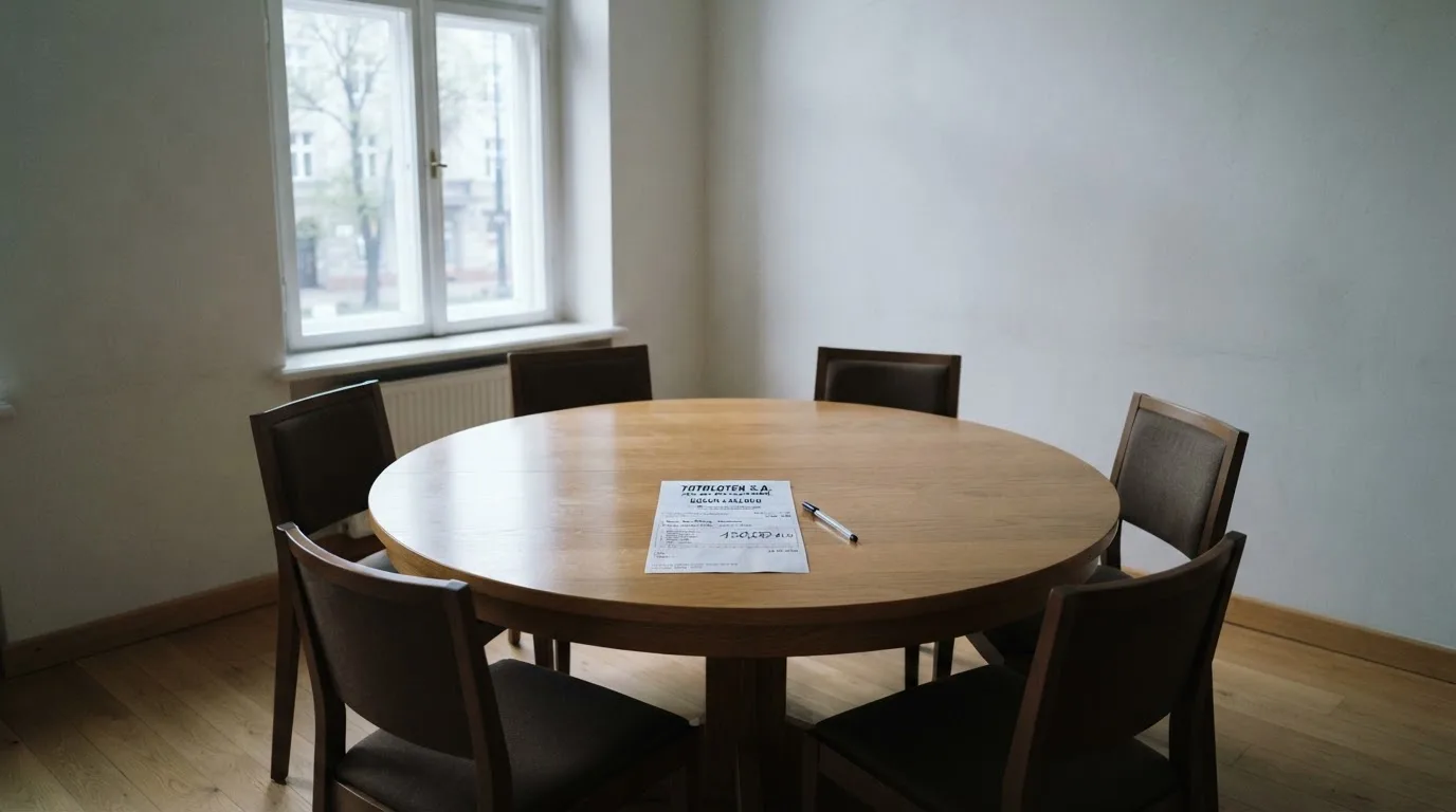 Okrągły drewniany stół w pustej sali, wokół ustawione puste krzesła, z dużego okna pada dzienne światło.