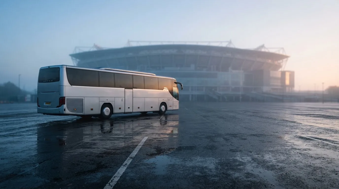 Autokar stoi na parkingu przed stadionem o świcie, rozmyte kontury trybun w tle, pusty plac i mokry asfalt.